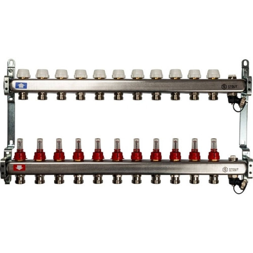 Коллектор из нержавеющей стали с расходомерами, с клапаном вып. воздуха и сливом 11 вых. Stout SMS-0927-000011