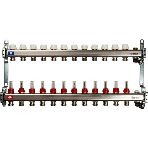 Коллектор из нержавеющей стали с расходомерами, с клапаном вып. воздуха и сливом 12 вых. Stout SMS-0927-000012