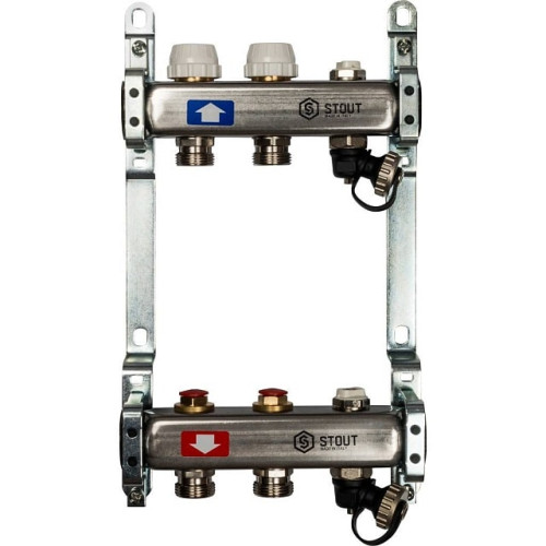 Коллектор из нержавеющей стали без расходомеров, с клапаном вып. воздуха и сливом 2 вых Stout SMS-0932-000002