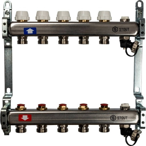 Коллектор из нержавеющей стали без расходомеров, с клапаном вып. воздуха и сливом 5 вых Stout SMS-0932-000005