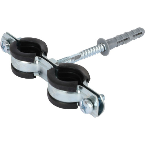 Сдвоенный хомут для труб, комплект: хомут+шпилька шуруп +дюбель пластиковый 1/2"(20-24)