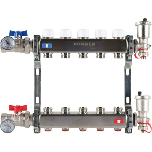 Коллектор с запорными клапанами в сборе Rommer 1"x3/4" 5 контуров