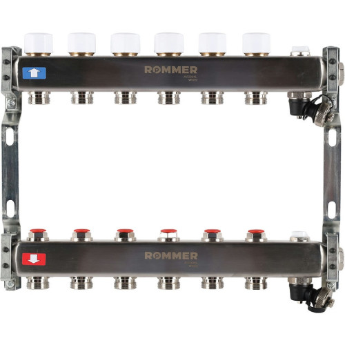 Коллектор с запорными клапанами и кранами Rommer 1"x3/4" 6 контуров