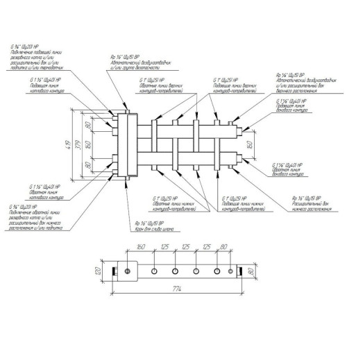 Коллектор нержавеющий Gidruss BMSS-150-5DU до 150 кВт 1 1/2" 5 контуров