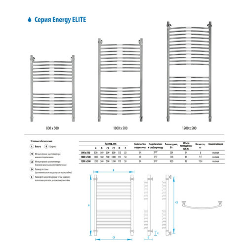 Полотенцесушитель водяной Energy Elite 800х500 мм хром
