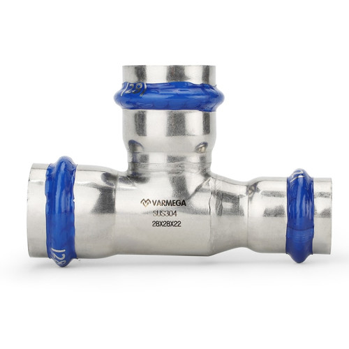 Тройник раструбный переходной Varmega Inox Press 22х15х22 мм