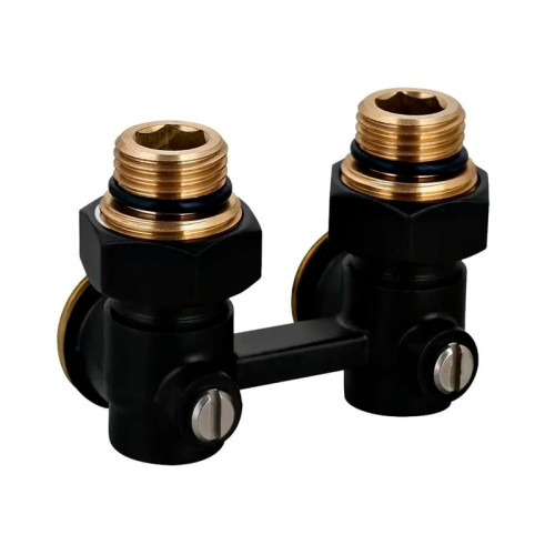 Узел нижнего подключения угловой TIM 1/2"х3/4" с комплектом адаптеров и шаровым краном черный