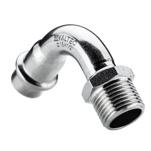 Пресс-отвод 90° Valtec 15х1/2" с НР резьбой из нержавейки арт.VTi.957.I.001504
