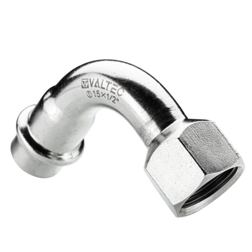 Пресс-отвод 90° Valtec 22х1/2" с ВР резьбой из нержавейки арт.VTi.956.I.002204