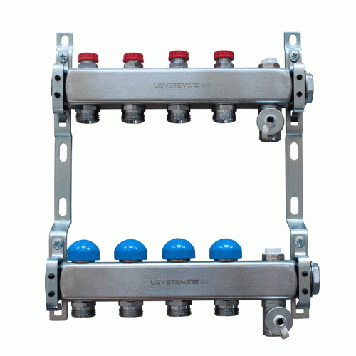 Коллектор с запорными клапанами сталь нержавеющая Usystems FT на 2 выхода 1"x3/4" евроконус